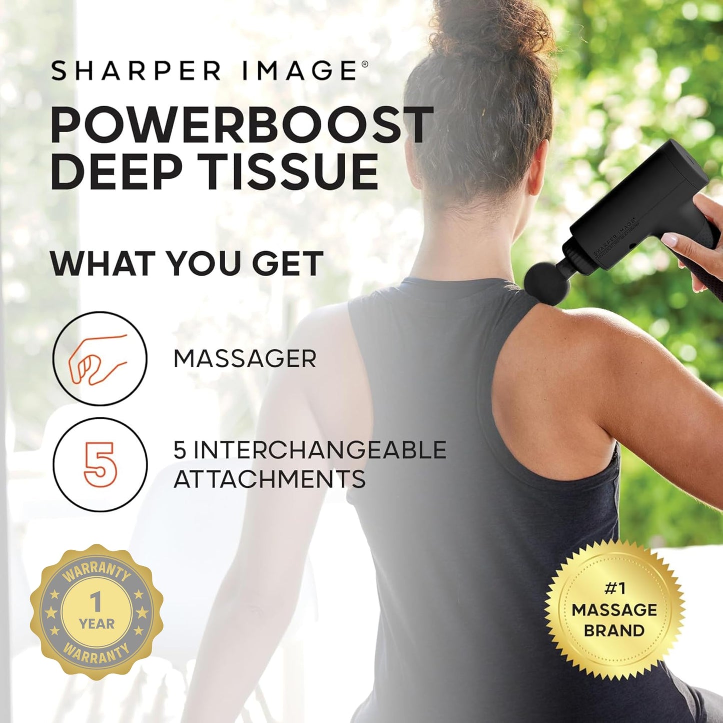 Sharper Image Powerboost Massage Gun – Deep Tissue Percussion Massager| 5 Attachments, 6 Speed| Shoulder Back Leg Muscle Recovery & Pain Relief Massage Tool| Massager Gun| Men & Women Gift