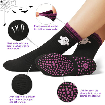 Toes Home Pilates Socks for Women, Halloween Gifts Yoga Crew Non Slip Grippy Socks for Barre Hospital Sticky Slippers 4 Pairs