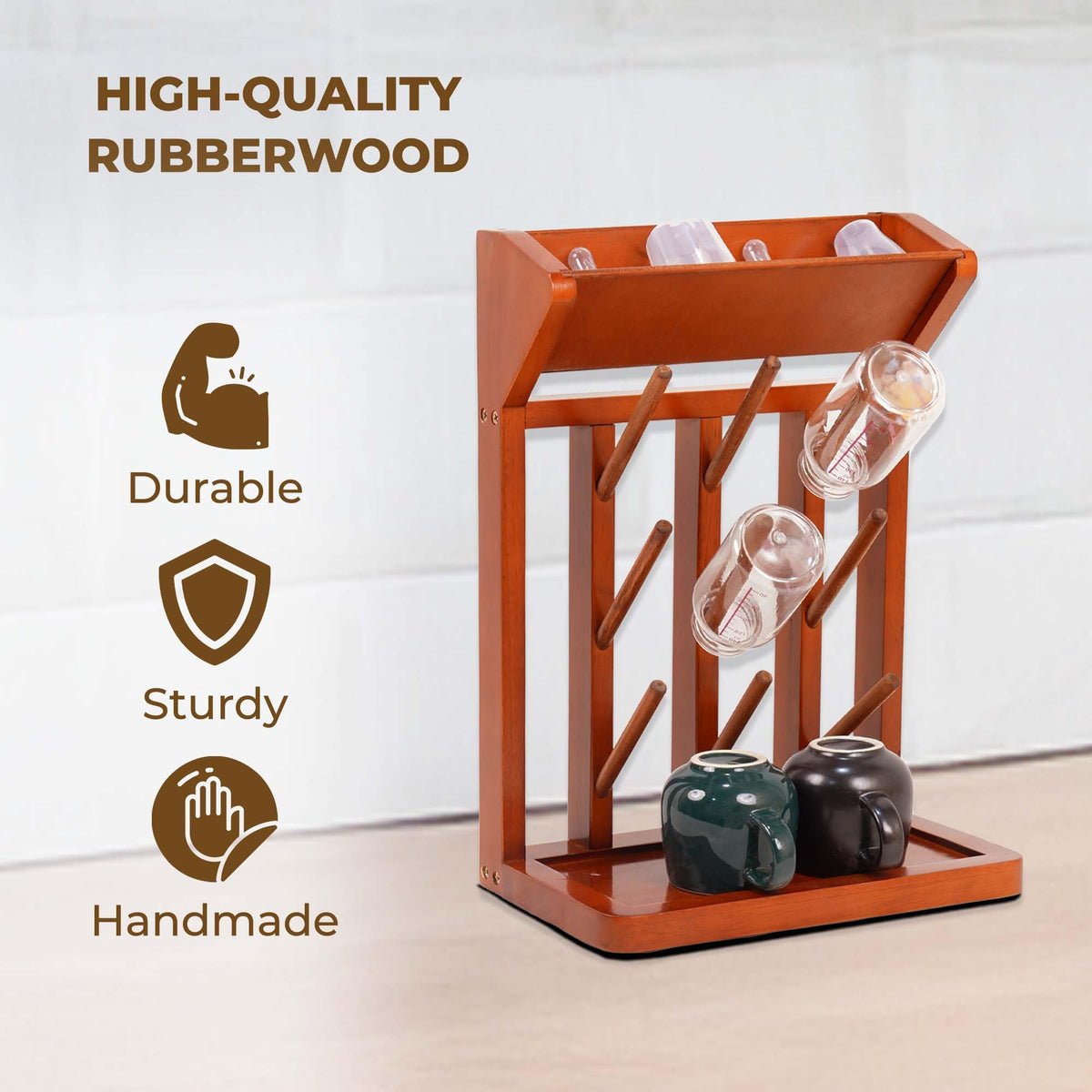 Nabytok Brown Vertical Bottle Drying Rack Rubber Wood 9 Hooks, Use for Bottles, Cups, Mugs, Glasswine, Space Saving Storage Shelf Bottle Holder Dryer Kitchen
