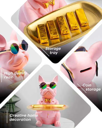 bwytbwy French Bulldog Statue,Resin Bulldog Key Tray for Entryway Decor, Key Holder Organizer for Entryway Table, French Bulldog Gifts Pink