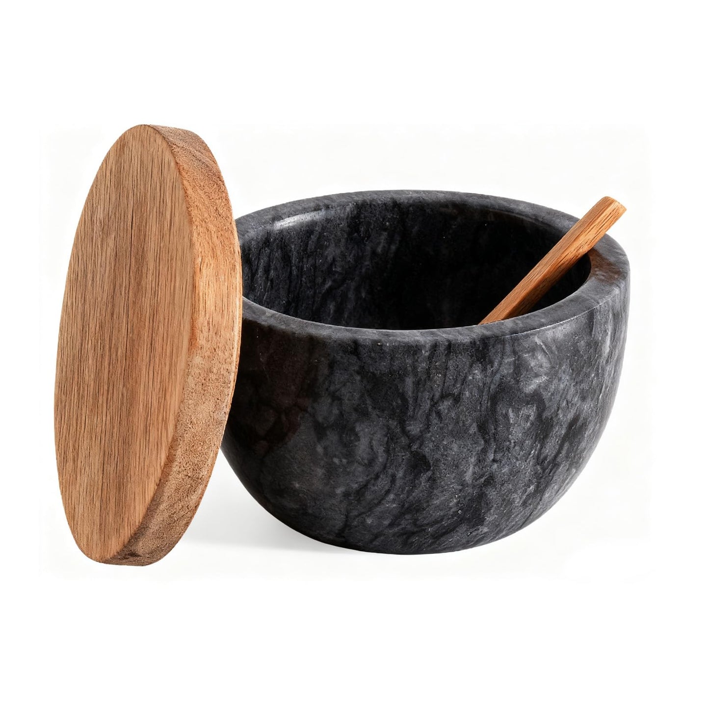 Q.XING Natural Marble Salt Cellar, 10oz Salt Dish with Lid & Spoon, Unique Seasoning Box, Stone Salt Holder, Salt Containers for Countertop, Kitchen Decor