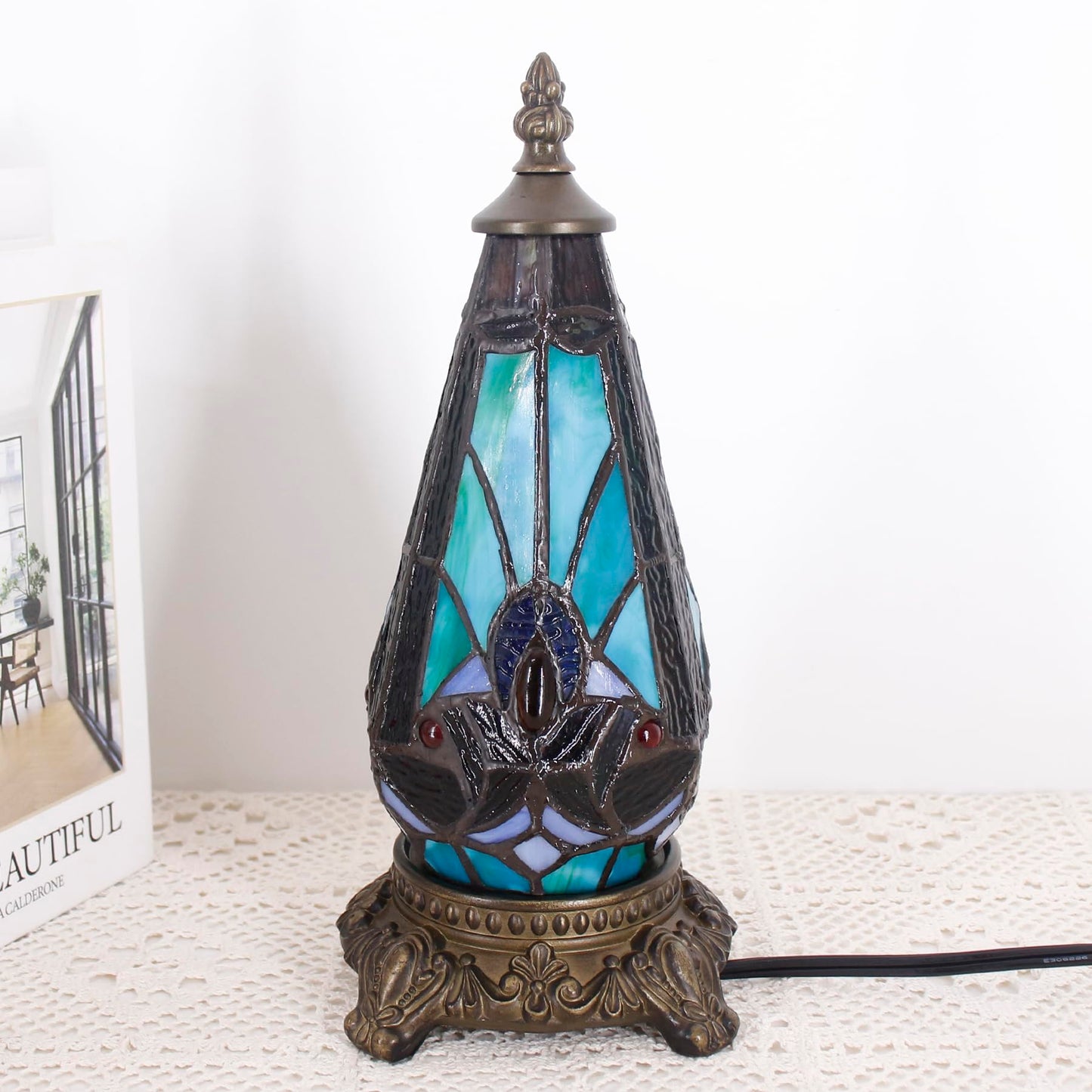 TCODTPOL Small Tiffany Lamp Stained Glass Table Lamp 5.5X11 Inch Christmas Tree Lighthouse Mini Accent Memory Sympathy Antique Night Light for Bedroom Living Room (Green Liaison)