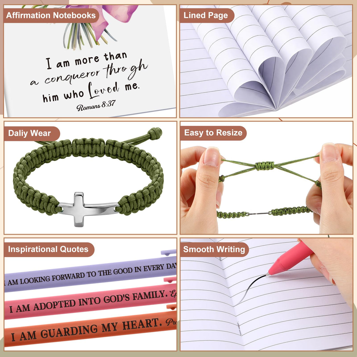 Pasimy 12 Set/48 Pcs Biblical Affirmation Gifts for Women Positive Affirmation Notebooks with Inspirational Pens Cross Bracelet Floral Christian Gift for Women Mother Church Member Party Favors