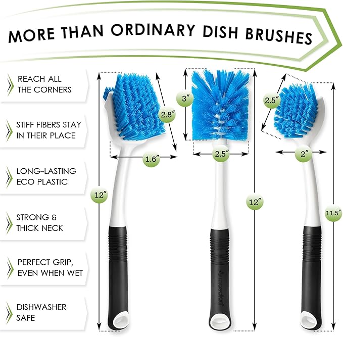 Dish Brush Set of 3 with Water Bottle Brush, Dish Scrub Brush and Scrubber Brush