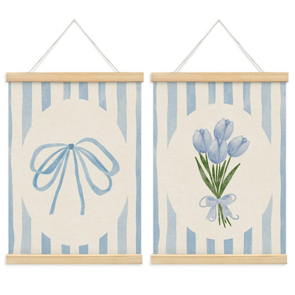 ETYZE Coquette Blue Bow Tulip Floral Wall Art Poster Hanger Frame, Spring Coquette Wall Decor, Preppy Girly Room Decor, Preppy Canvas Wall Art for Girls Room Dorm Apartment, 12x16 Inch Set of 2
