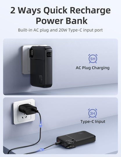 RORRY Portable Charger Built in Cables, AC Wall Plug In Portable Charger Power Bank 10000mAh Travel Battery Pack 22.5W Fast Charging for iPhone 17/16/15 Samsung Galaxy S25/S24/S23 Pixel LG iPad, Black