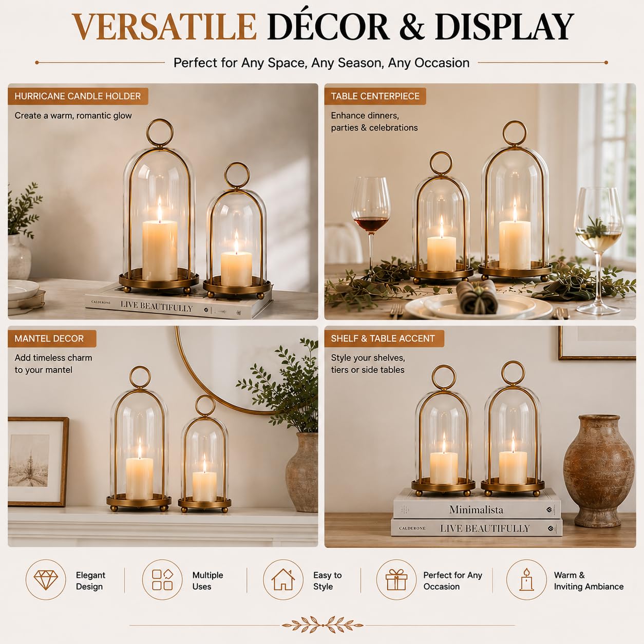 GYKLE Set of 2 Candle Lantern Set - Vintage Brass Candle Holders with Thick Glass Domes (5.25"x10" & 4.5"x7.87"), Perfect for Pillar Candles, Floral Arrangements, and Vintage Home Accents