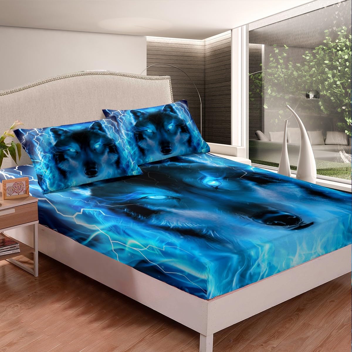 Wolf Bedding Set Safari Animal Pattern Bed Sheet Set Cool Wildlife Style Fitted Sheet for Boys Girls Kids Room Decor Glitter Blue Wild Wolf Lightweight Bed Cover Twin Size with 1 Pillow Case