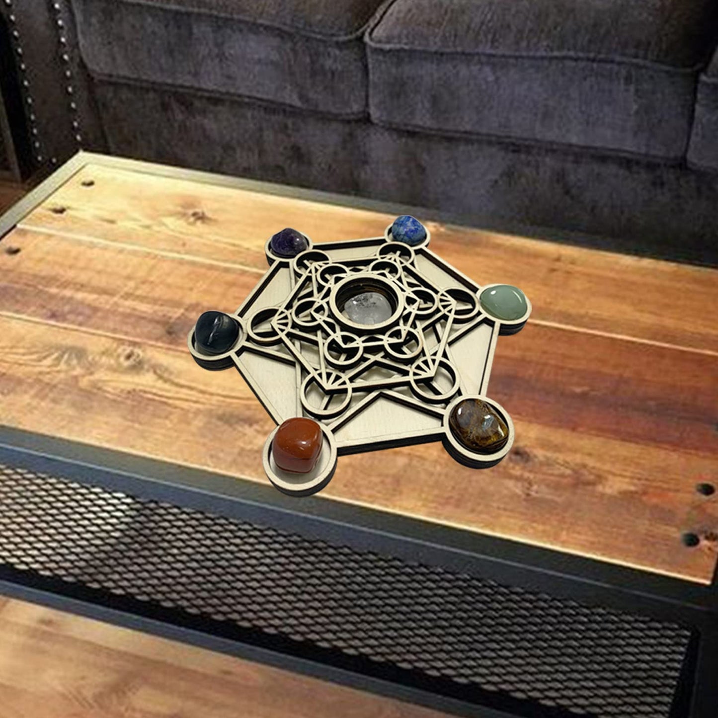 Metatron Crystal Grid Wooden Art 3D Metatron's Healing Energy with 7 Pieces Rough Seven Chakras Crystal Stone Set Sacred Geometry Energy Crystal Grid Kit for Meditation Chakra Balancing 9.4''x1.5''