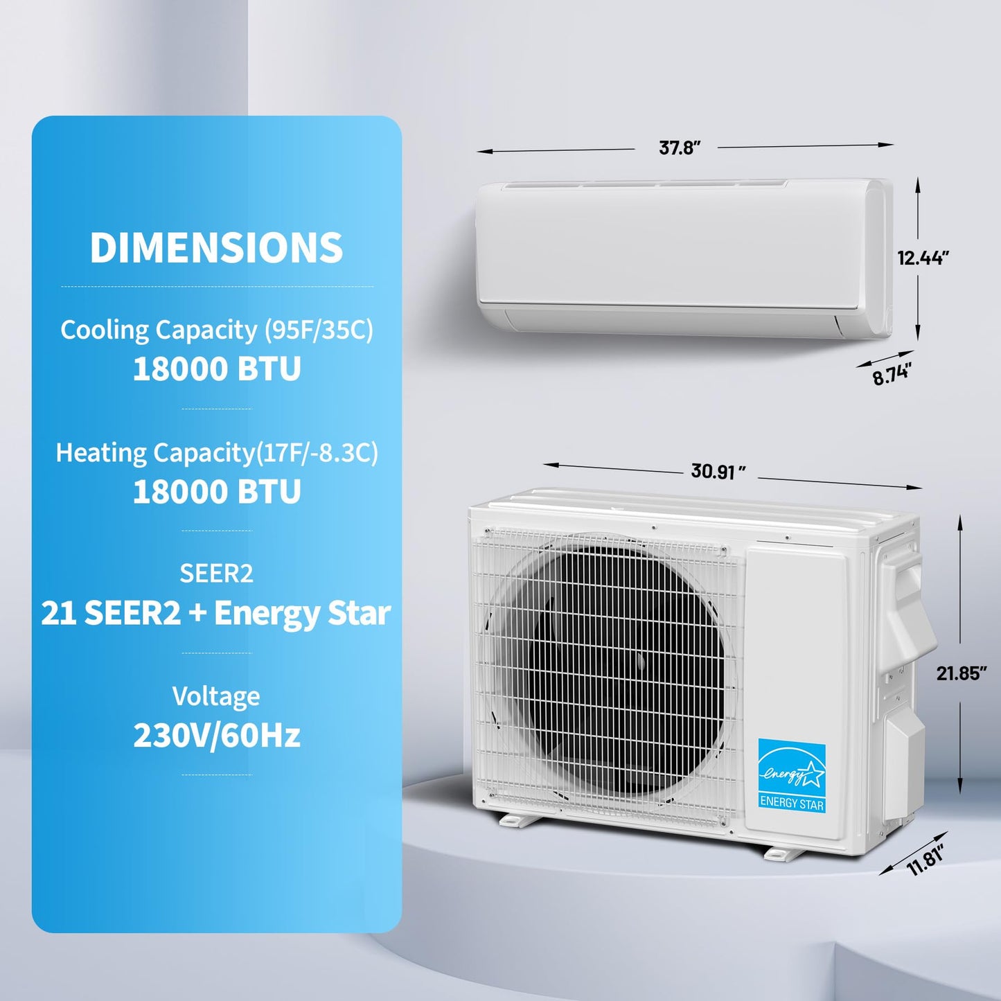 Mini Split 18000 BTU Air Conditioner & Heater, 21 SEER2 Energy Star, 208-230V, WiFi Smart APP & Alexa Compatible, Ultra Quiet Ductless AC Heating Cooling System for Rooms up to 1250 Sq. Ft.