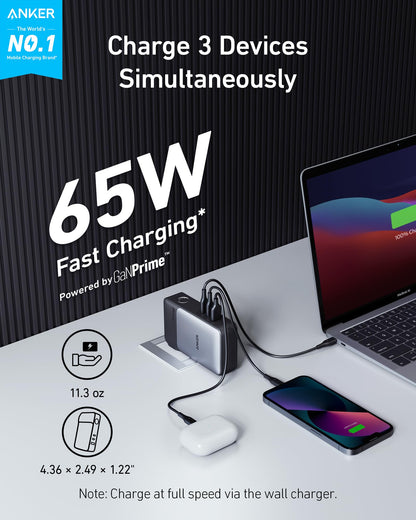 Anker GaNPrime Power Bank, 2-in-1 Portable Charger, 10,000mAh 30W USB-C Battery Pack with 65W Wall Charger, Works for iPhone 15/15 Plus/15 Pro/15 Pro Max/14/13, Samsung, Pixel, MacBook, Dell