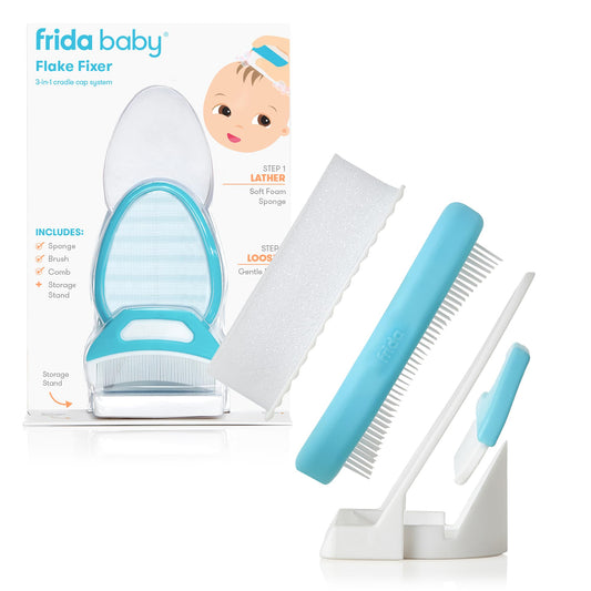 FridaBaby DermaFrida the FlakeFixer Cradle Cap Treatment System: 3-Step Cradle Cap Kit, Soothes Baby's Scalp, Prevents Dryness and Flakes, Sponge, Brush, and Comb + Storage Stand