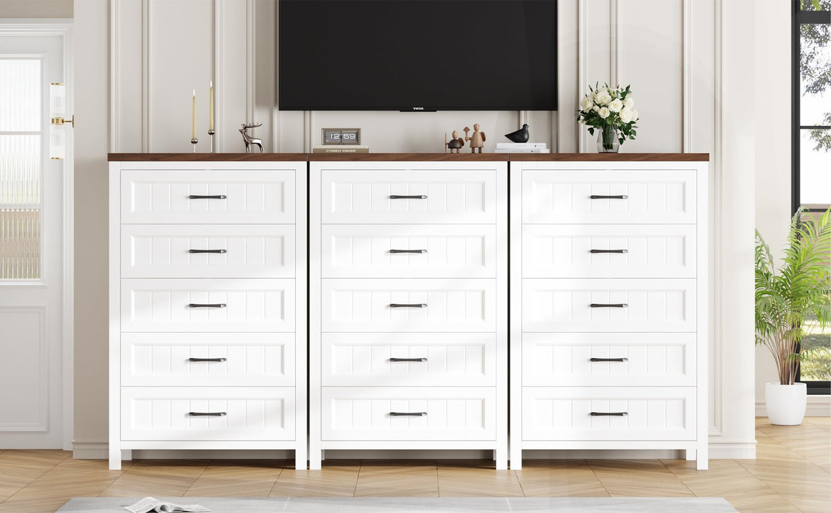 Jocoevol 5 Drawer Dresser for Bedroom - Farmhouse 44.9" Tall Chest of Dresser with Large Storage, Rubst Wood Construction for Living Room, Hallway & Entryway - White (White & Brown)