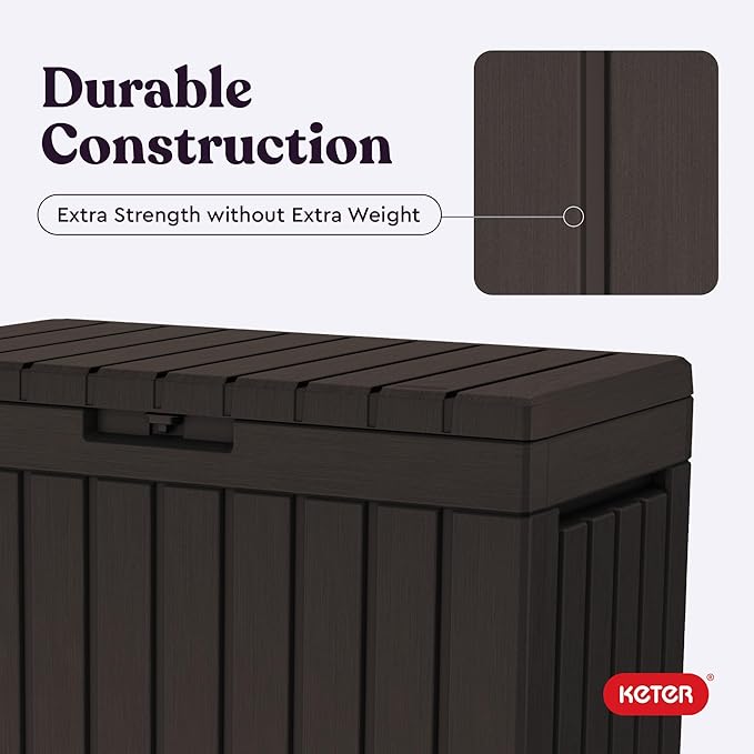 Keter Kentwood 50 Gallon Resin Deck Box for Outdoor Storage – Weather‑Resistant Balcony & Patio Box for Cushions, Throw Pillows & Garden Tools, Brown