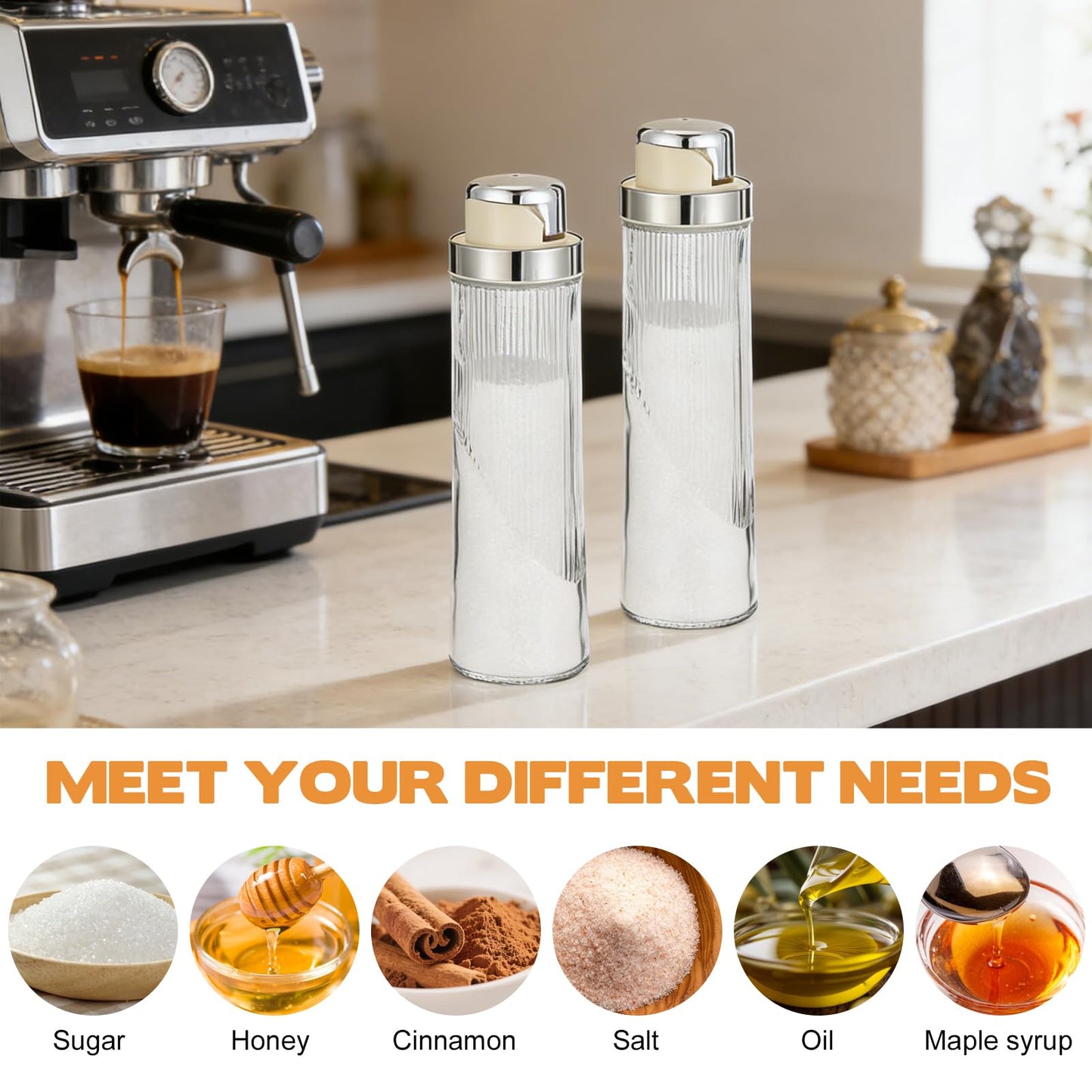 2 PCS 20 OZ Large Glass Sugar Dispenser with Pour Spout Large Capacity Glass Jars for Sugar Coffee Sugars Container Non-slip Ribbed Design Food-Grade for Salt Tea Coffee Station Kitchen Baking, Silver