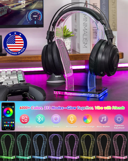 OAPRIRE Acrylic RGB Headphone Stand | Customizable 213 Lighting Modes & 60,000 Colors, Lights Sync with Music Beat, Headset Stand with 4.8ft USB Power Cable & Sturdy Build