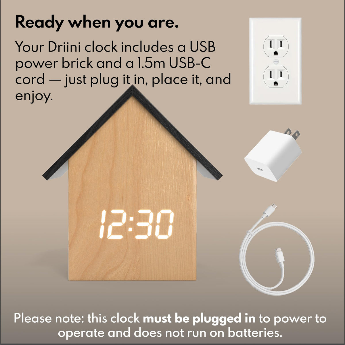 Driini Digital House-Shaped Alarm Clock with Temperature Display (Light Wood) – Modern Aesthetic - Cute Cube Frame and White LED Dimmer - Perfect Small Desk Clock for Bedside Table or Bedroom Mantle