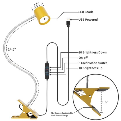 Dott Arts Desk Lamp,USB Clip On Light,Book Lights for Reading at Night,3 Color Modes,10 Brightness Clamp Lights,360° Gooseneck LED Reading Light for Books in Bed,Eye-Care for Home Office,Headboards