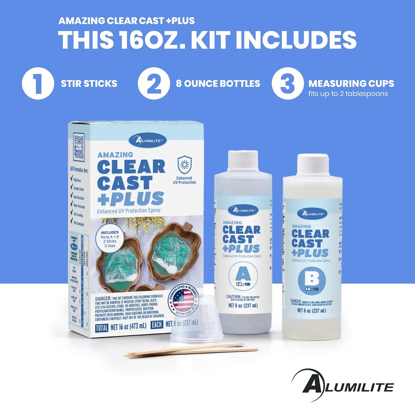 Alumilite Amazing Clear Cast Plus Epoxy Resin Kit for Making and Molding, UV, Plastic Coating, Casting for Countertops, Cups, Tumblers, High-Gloss, Glass Finish - 16 oz (8 oz Part A + 8 oz Part B)
