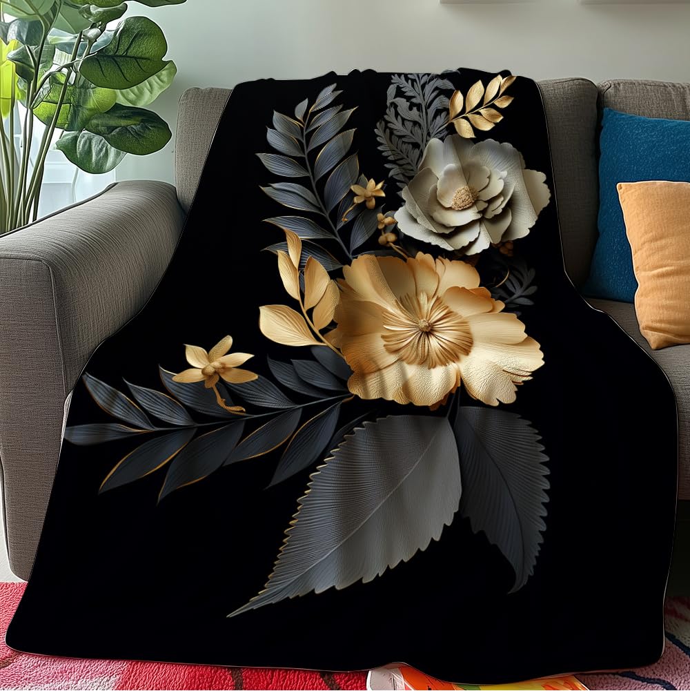 HUNXIAOJ Black and Gold Throw Blanket Abstract Print Blanket Gold Leaves Throw Abstract Bedding Warm Soft Flannel for Adults Bed Sofa Couch (50 in x 60 in)