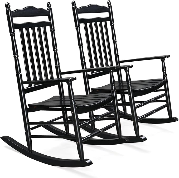 VINGLI Wooden Rocking Chair, Outdoor Chair with 450 lbs Support, Relaxing Rocker with Solid Wood High Back Seat Reclining Seat for Deck, Garden, Backyard, Porch, Indoor or Outdoor Use (Black, 2PCS)