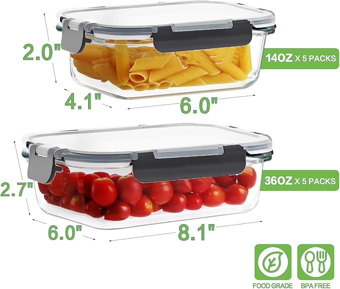 HOMBERKING 10 Pack Borosilicate Glass Meal Prep Containers