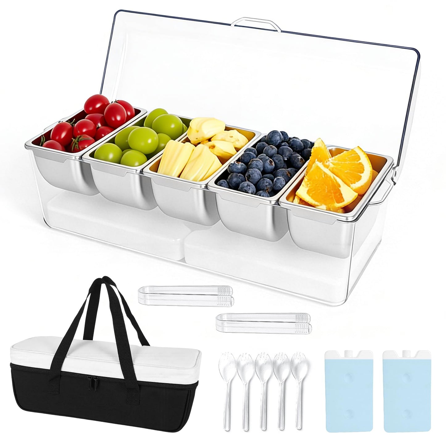 Mavolico Chilled Condiment Caddy with 5 Removable Stainless Steel Compartments, Includes Portable Insulated Tote Bag and 2 Ice Packs, Serving Tray for Picnic, Outdoor, Party and Travel