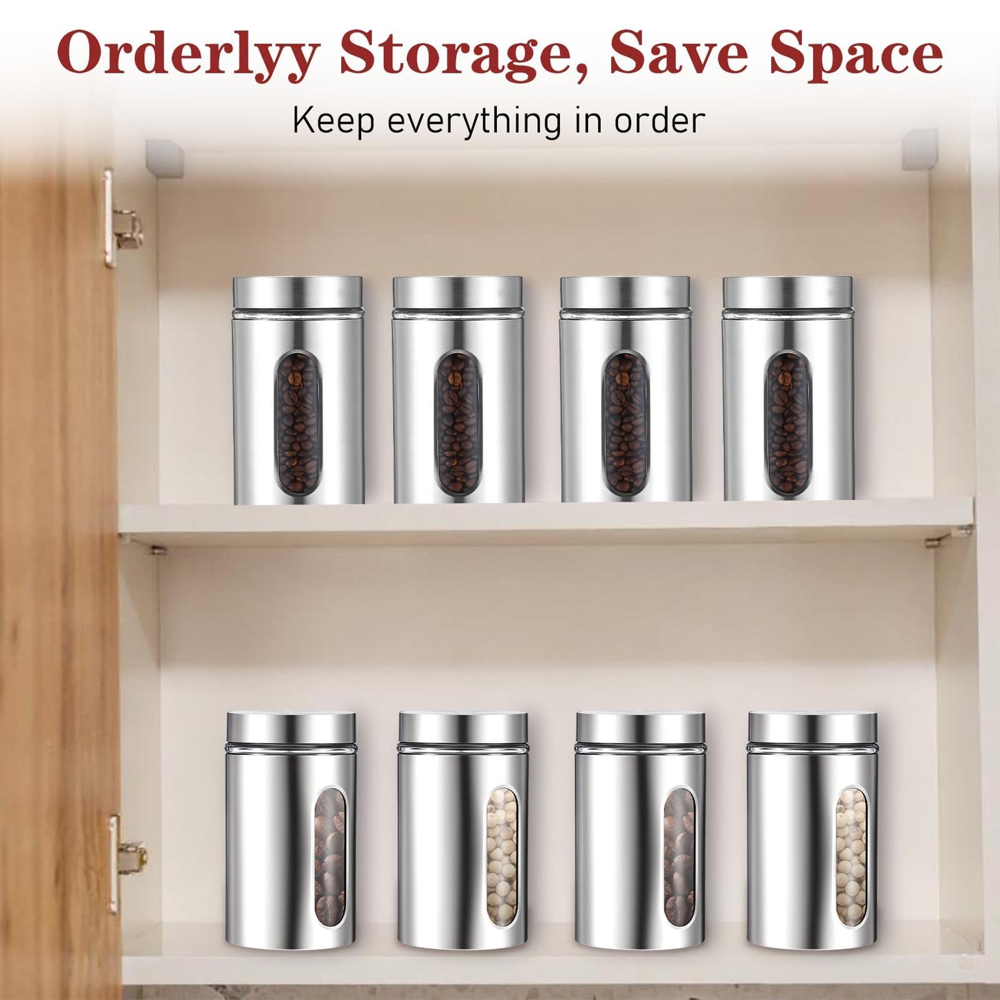 3 Pack Large Kitchen Canisters Set Airtight Coffee Sugar Tea Candy Storage Jars with Window Glass Stainless Steel Containers with Lids for Flour Cookies Spices Grains Kitchen Decorations(32oz)