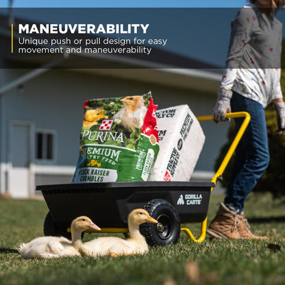 Gorilla Carts GCR-4 4 Cu. Ft Poly Yard Cart, 300-pound Capacity, Garden Cart with 30in x 24in impact-resistant poly bed and 10in pneumatic tires, Black/Yellow