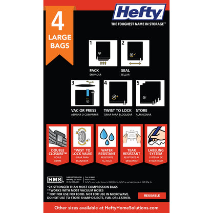 Hefty MAX Shrink-Pak Vacuum Seal Storage Bags for Clothing, Travel, Bedding | Tear & Water Resistant, Dual-Valve Space Saver Compression Bags - Large, 4-Pack