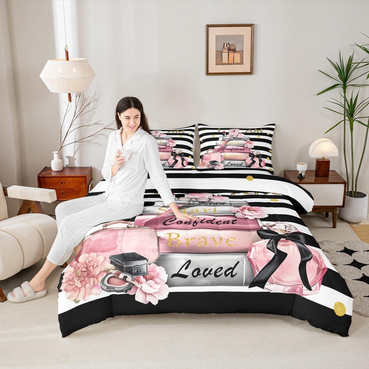 Erosebridal Pink Fashion Comforter King Size for Girls Kids Girly Modern Inspirational Quotes Bedding Set Women Abstract Black White Stripes Bed Set Magazine Books Floral Perfume Makeup Duvet Insert