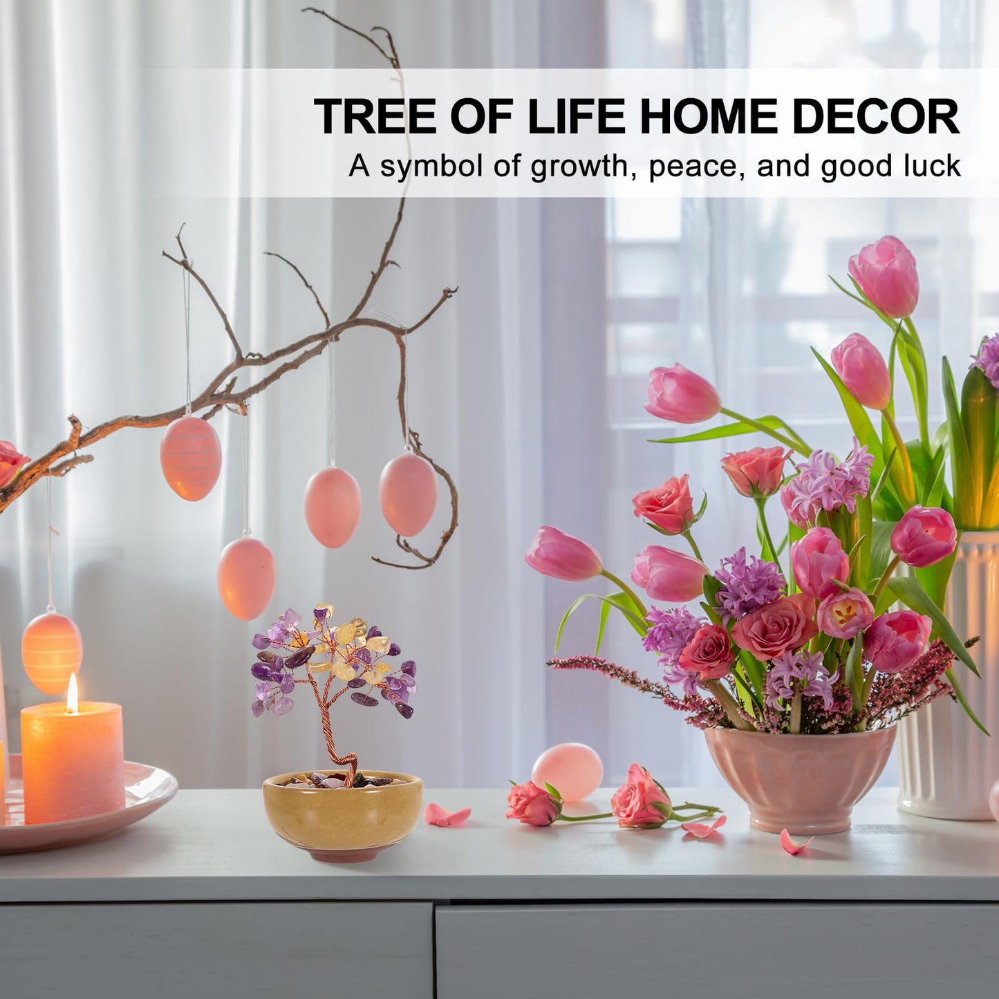MECCANIXITY 7 Chakra Crystal Tree of Life, Natural Amethyst & Citrine Gemstone Tree Handmade Feng Shui Bonsai with Agate Base for Positive Energy, Good Luck, Home Office Decor (4 x 2.4 Inch)