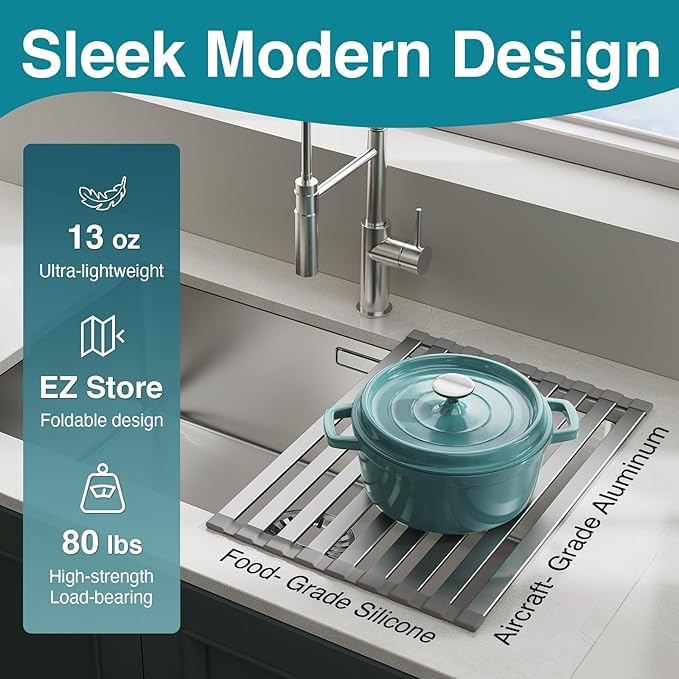 Aluminum Roll Up Dish Drying Rack Over The Sink, 17.7" x 13.4" Rust-Proof