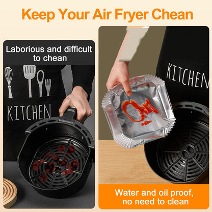 100 PCS Aluminum Foil Air Fryer Liners, Non-stick Air Fryer Disposable Paper Liner, Oil-proof Water-proof Sheets, Food Grade Aluminum Foil for Baking, Frying, Grilling, Roasting Microwave
