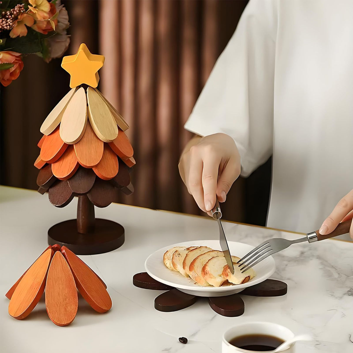 Table Decor Coaster, Tree Trivet Wooden Tree Coasters Christmas Tree Coasters Set of 5,Foldable Kitchen and Restaurant Wooden,for Hot Dishes、Pot、Bowl、Teapot、Hot Pot Holder (Star)