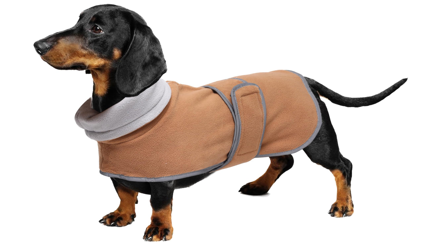 Geyecete dachshund coat with Warm Thermal Quilted, Dog miniature dachshund coats with Warm Fleece Lining,Outdoor with Adjustable Bands-Brown-S