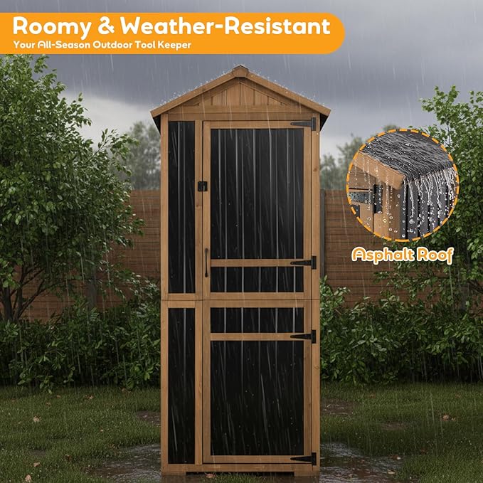 Outdoor Storage Cabinet, Wood & Metal Garden Shed with Waterproof Asphalt Roof, Patio Organizer with 3 Fixed Shelves & Removable Shelf for Long Tools, Lockable Magnetic Doors for Backyard Garage Pool