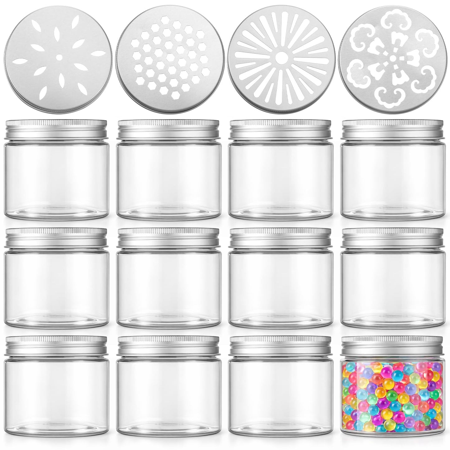 HANLANXUE 12 Pcs 150ml 5 OZ Scented Beads Container 4 Styles Air Freshener Solid Perfume Aroma Diffuser with Hollow Lids Empty Storage Containers Round Jars Sample for Aromatherapy