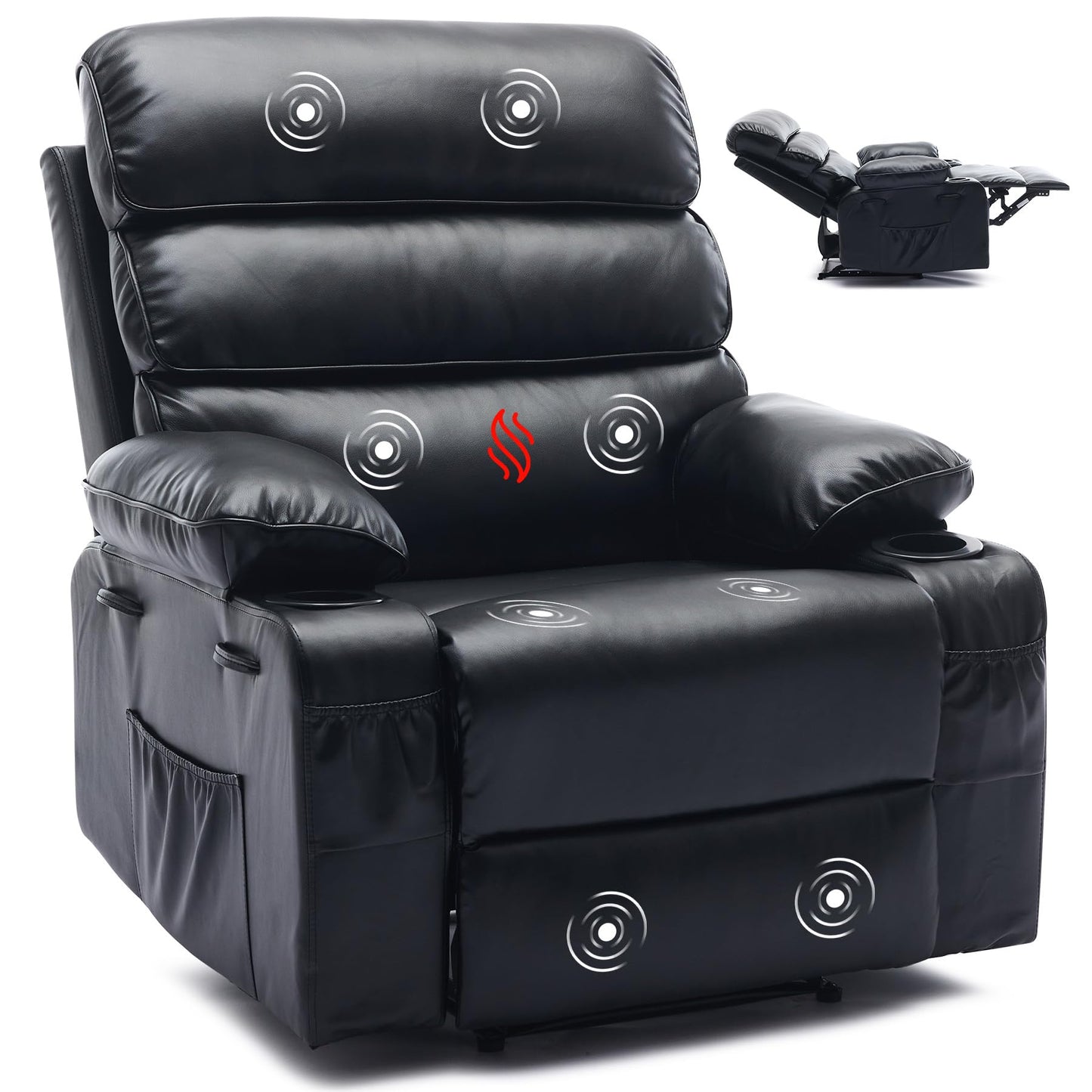 Garvee PU Leather Manual Recliner Chair with Massage and Heat, 27" Extra Wide Seat, 400 lbs Capacity, Thickened Sponge Armrests and Back, Cup Holders & Side Pocket, Living Room or Bedroom, Black