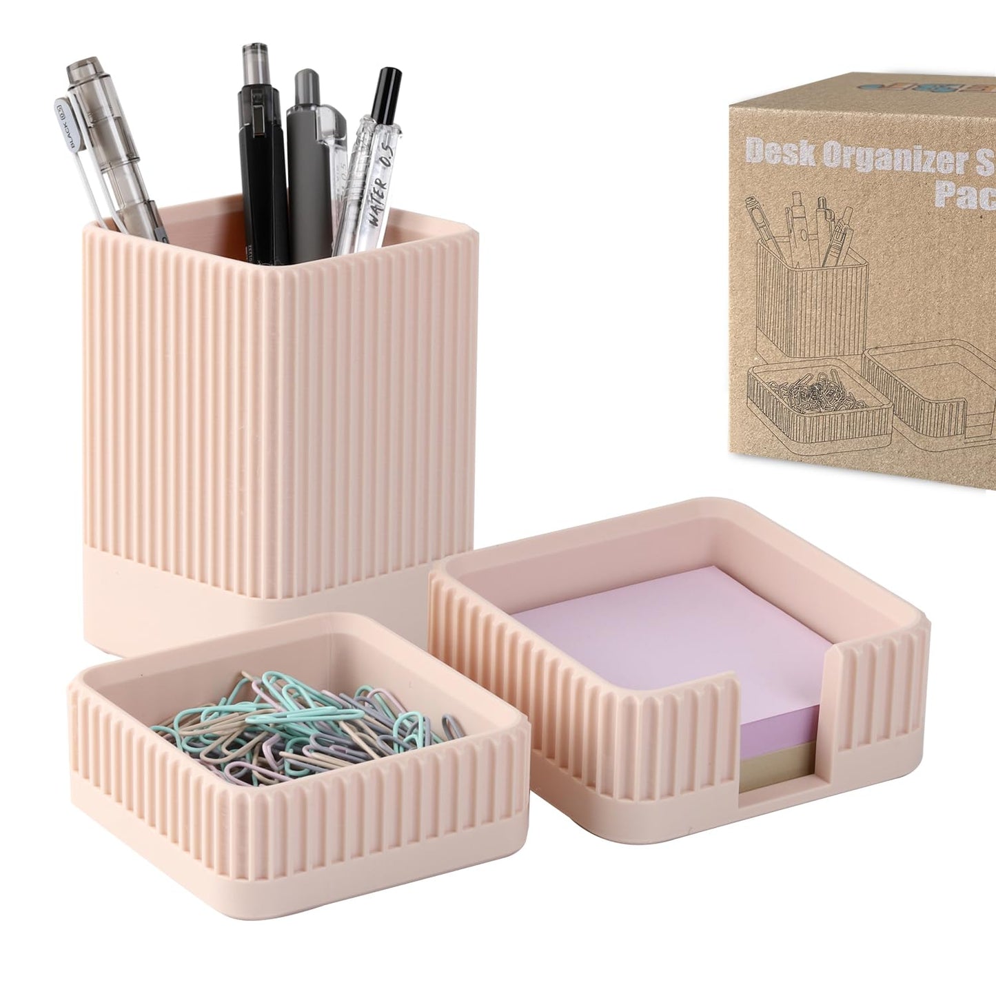 Aesthetic Desk Organizers and Accessories Set of 3 with Pen Holder,Paperclip Holder,Sticky Note Holder - Durable Plastic Pencil Holder for Office Women Men-Teacher Appreciation/Back-to-school Gift