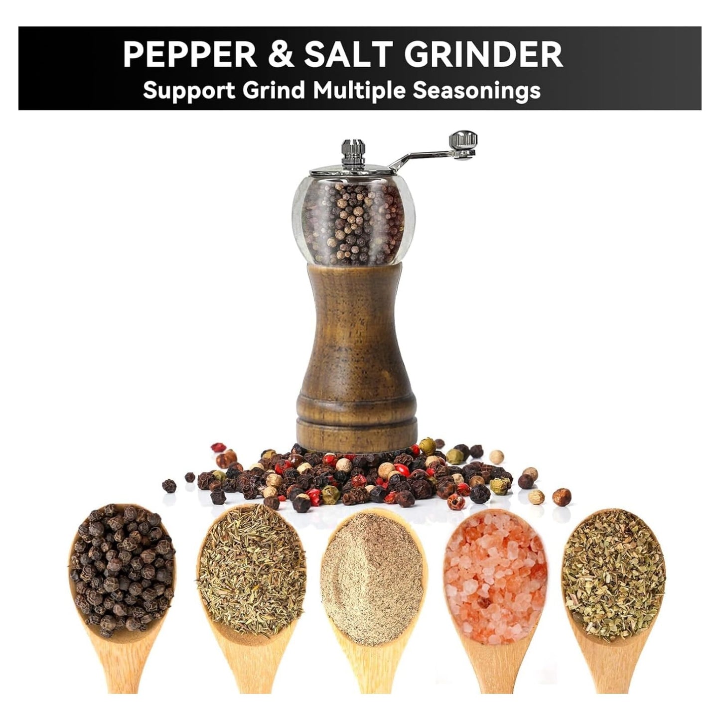 Salt and Pepper Grinder Set Manual Pepper Mill Refillable with Stainless Steel Handle Adjustable Coarseness Ceramic Core, Enjoy Best Fresh Pepper Salt Spices (Seasoning Not Included)