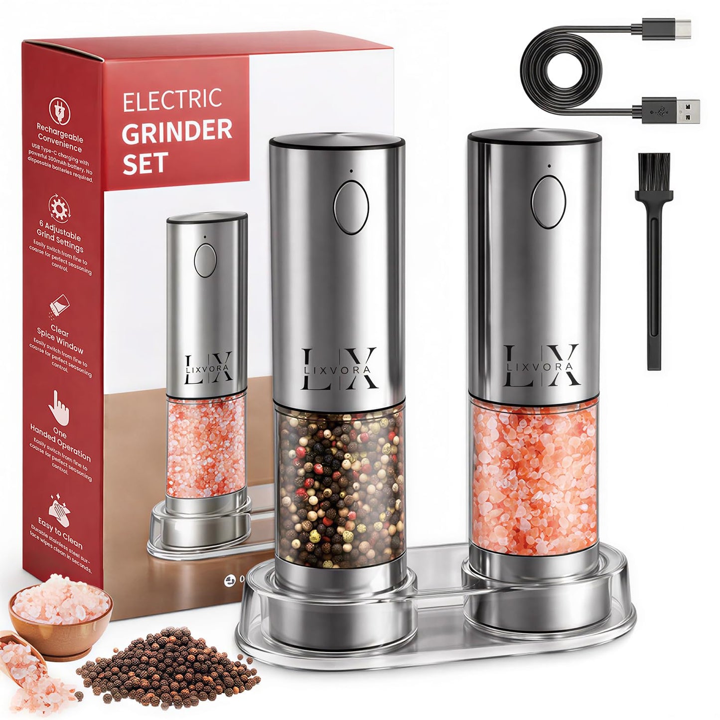 LIXVORA Electric Salt and Pepper Grinder Set, Rechargeable Salt and Pepper Grinders, Stainless Steel Automatic Pepper Mill, Adjustable Coarseness, LED Light, One-Hand Operation for Kitchen & Dining