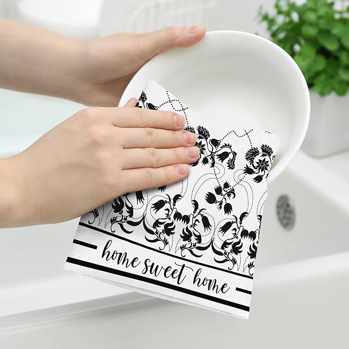 Black Kitchen Towels Decorative Set of 2, Absorbent Boho Floral Dish Towels