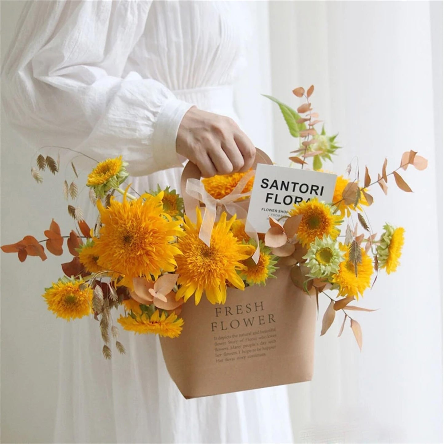 Nikeg Kraft Paper Flower Gift Bags 10Pcs Korean Portable Flower Box, Kraft Paper Bouquet Arrangement Packaging Bag, Creative Waterproof Gift(Black,Small)