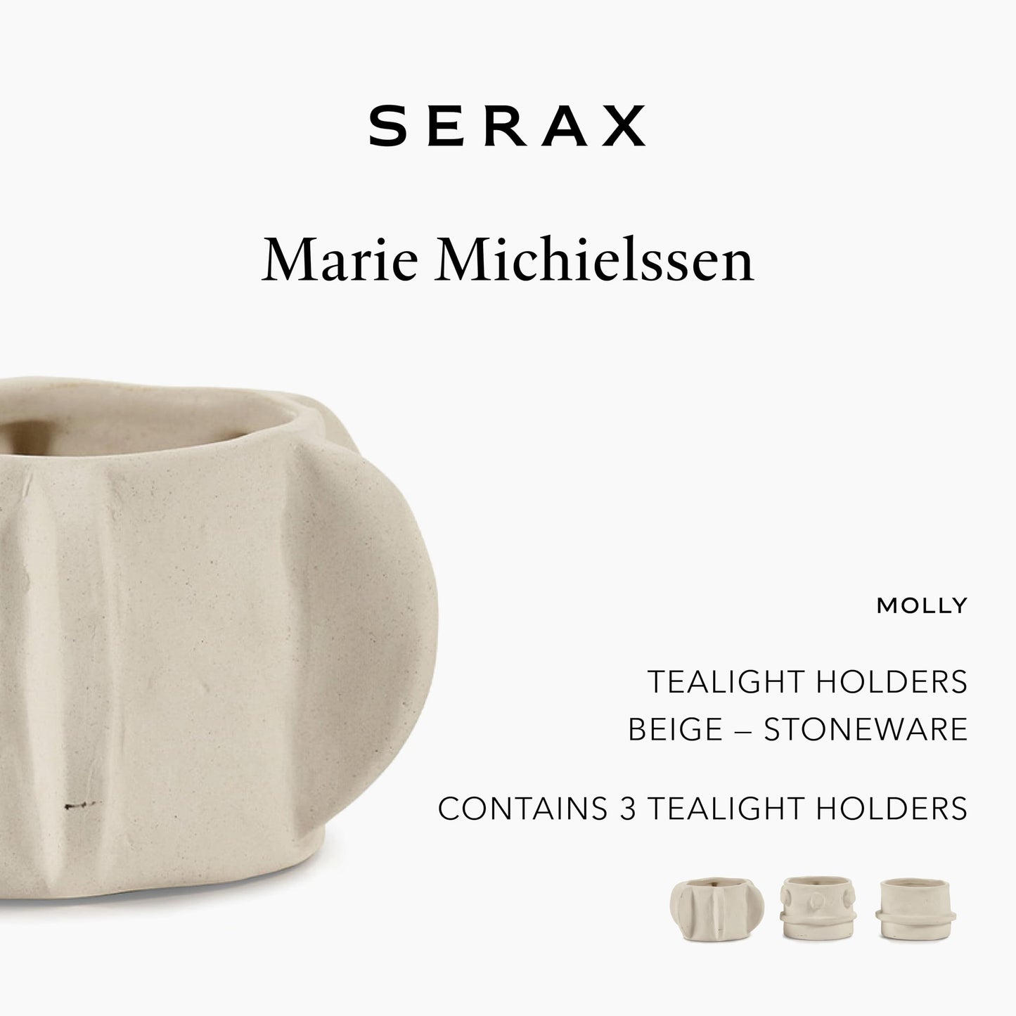 Serax Molly Tealight Holder | Off-White Stoneware with Matte Finish | Set of 3 | Modern Home Decor for Living Room & Table | Mix & Match Decorative Set