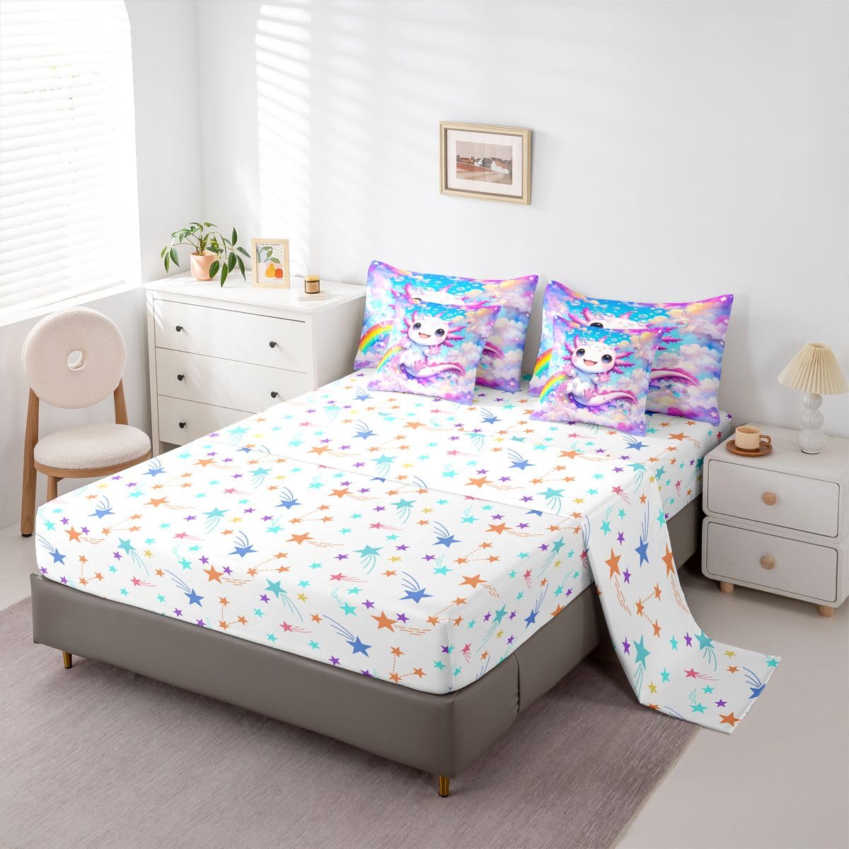 Girls Cute Axolotl Queen Bedding Set Kids Cartoon Axolotl Comforter Set with Flat and Fitted Sheet for Preteen Teens Galaxy Cloud Blue Sky 7-Piece Bed in a Bag Princess Dreamy Rainbow Quilt Sets