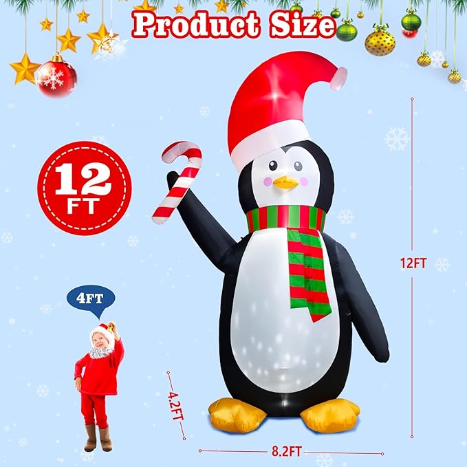 [Flash Light] 12FT Giant Christmas Inflatable Penguin Wear Santa Hat & Scarf Hold Candy Cane Decoration, Christmas Blow Up Penguin inflatable Built-in 4 White LED and 1 Flash Light Xmas Decor