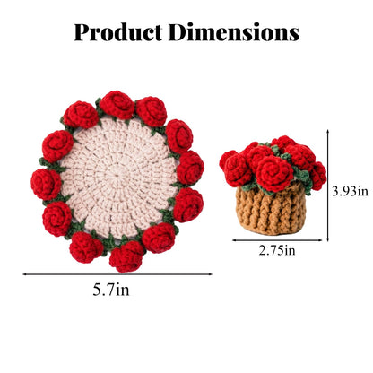 Handmade Crocheted Floral Coasters, Crocheted Bouquet Blankets Paired with Mini Crocheted Flower Pots—Perfect for Floral Decorations in Offices, Homes, and Cars (Sunflower)