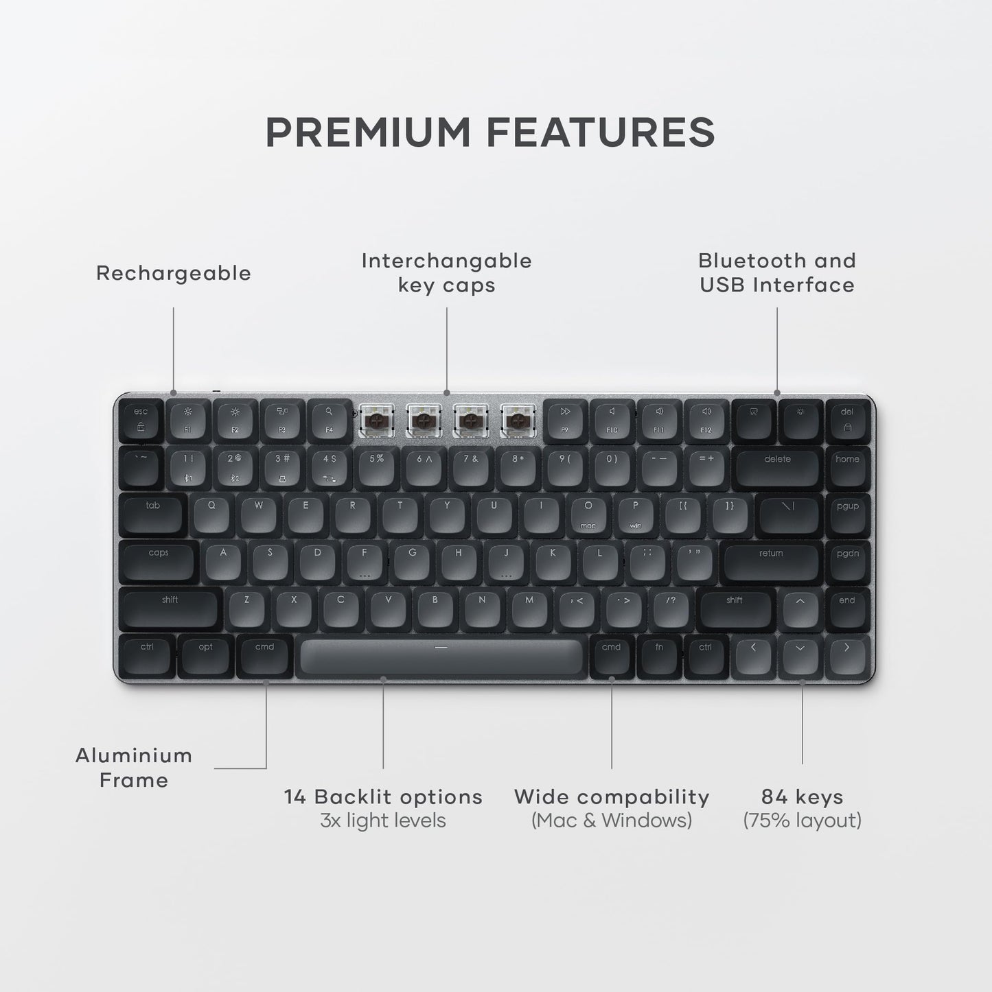 Satechi SM3 Mechanical Keyboard for Mac and Windows, 108 Keys Full Size with White LED Backlit, Wired and Bluetooth for Mac and Windows - Dark Gray/Gray