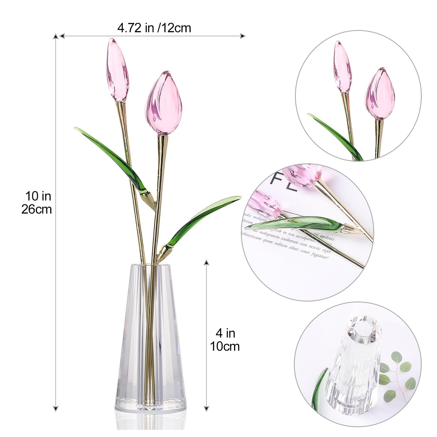 LONGWIN Crystal Tulips Flower Figurine Collectible with Vase Glass Spring Bouquet Flowers with Stem Home Decor Gift for Women Mom